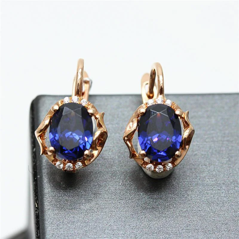 585 Purple Gold Earings Plated 14K Rose Gold Inlaid Dazzling Blue Gem Earrings for Women Fashion Light Luxury Banquet Jewelry