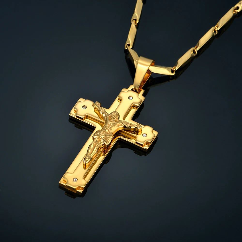 Religiöse große Christus Jesus Kreuz Anhänger Gold Farbe Edelstahl christliche Kruzifix Halskette für Männer Schmuck männliche Geschenk 2025,