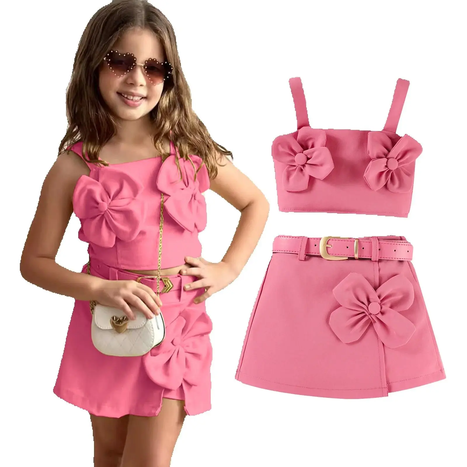 

Summer Girl Suits Baby Girl Clothes Set Crop Top Tank Floral Culotte Skirt Shorts with Belt Skort Boutique Kid Clothing Children