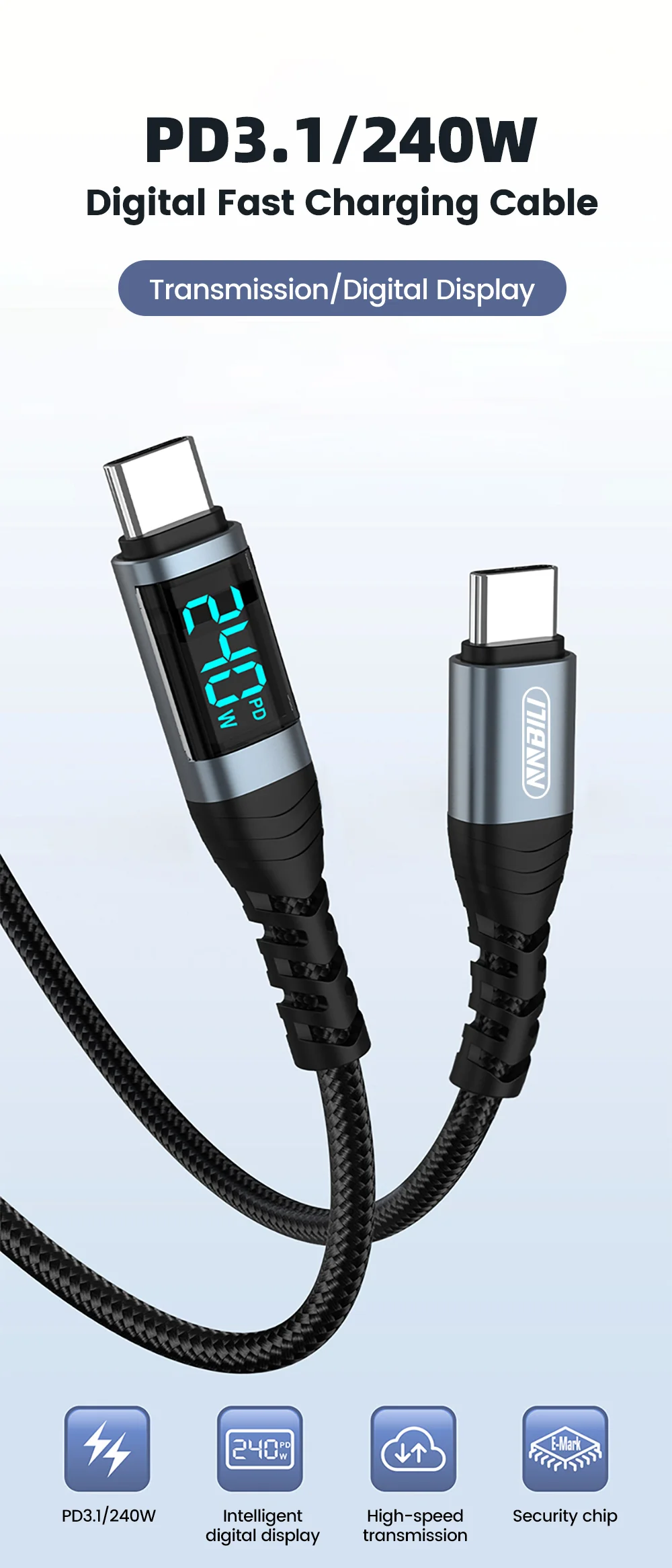 NNBILI 240 W Typ C auf Typ C Super Charge Digital Display Kabel 0,5 m-2 m USB C Datenkabel für iPhone 15 16 Samsung Huawei Xiaomi – Detail 1