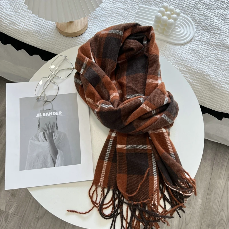 Bufanda de imitación de Cachemira a cuadros para mujer, chal de Invierno para mujer, bufandas cálidas con borlas, bufandas de punto, nuevo