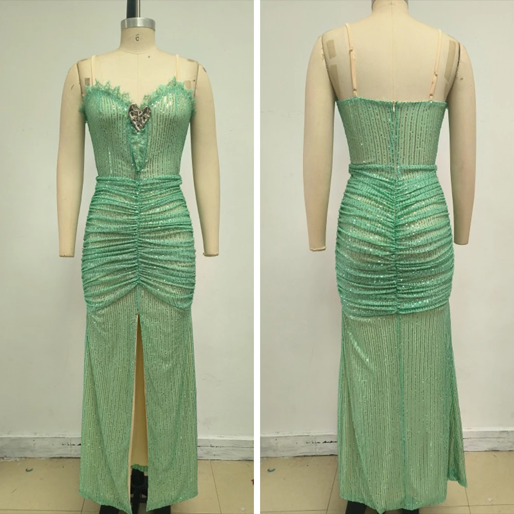 Sexy Spaghetti Strap Backless Sequin Dresses Heart Decoration Smocked Tiered Split Cocktail Evening Party Luxury Long Gown