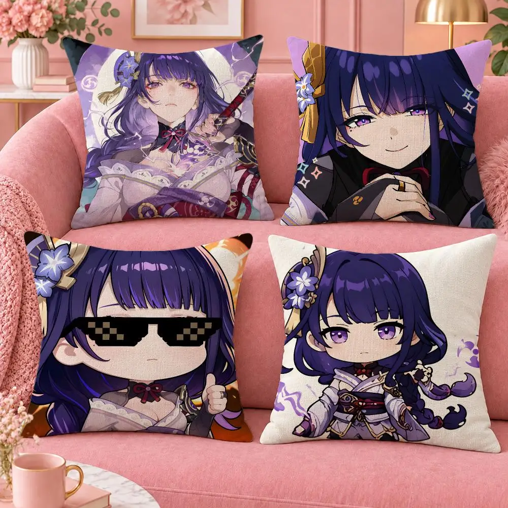 Game Genshin Impact Raiden Shogun Cushion Cover Cute Cartoon Throw Pillow Cover Soft Plush Cushion Cover Sofa Bedroom Home Decor