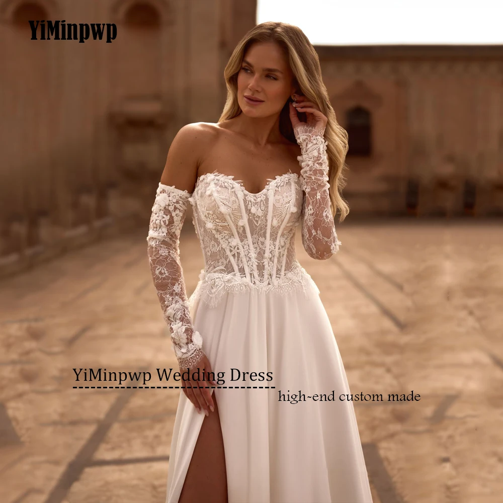 シフォンのウェディングドレス恋人サイドスプリット A ライン Vestidos デノビアイリュージョンレースアップリケ自由奔放に生きる民間のブライダルドレスカスタマイズ