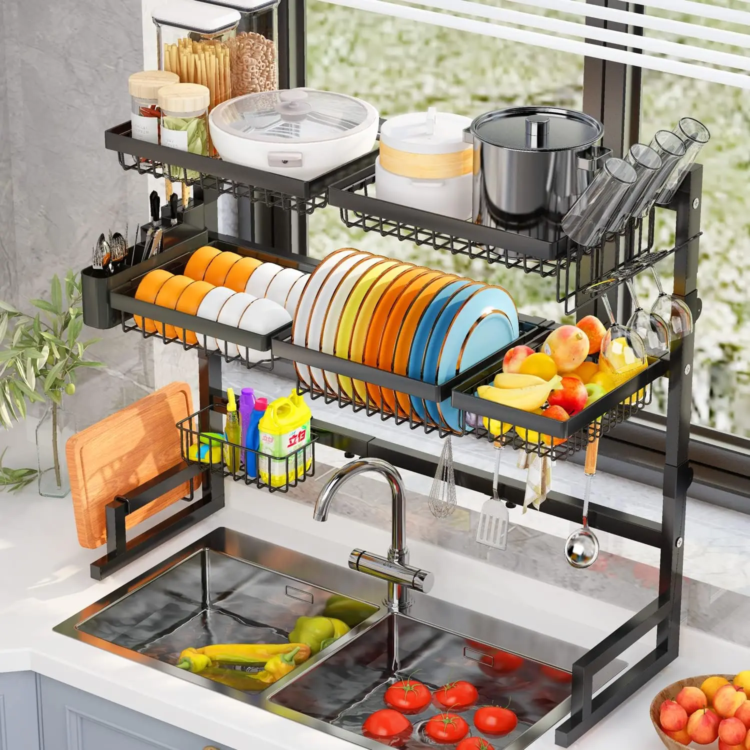 

Over Sink Dish Drying Rack (Expandable Height/Length) Snap-On Design Large Dish Drainer Storage Counter Organizer (31-39.5L x 12