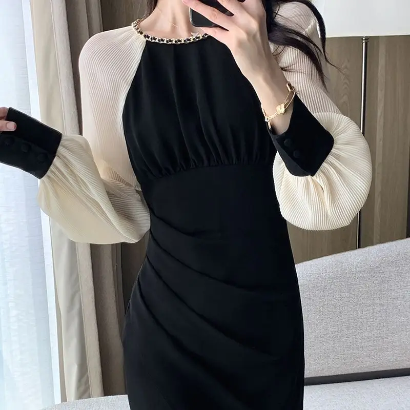 Elegant Folds Waist Slim Mini Dress Female Clothing Basic Long Sleeve Patchwork Spring Autumn Bag Hip Stylish Irregular Dresses