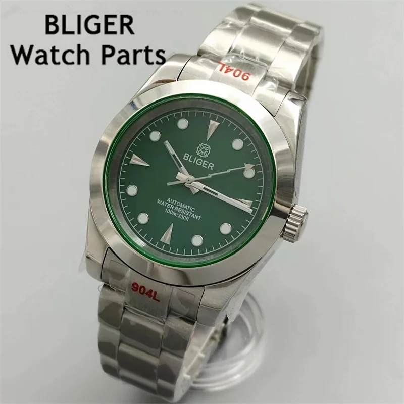 BLIGER 36mm/39mm NH35 Automatic Green Edge Polished Case sapphire glass Black Green dial Lightning Hand Oyster bracelet Luminous