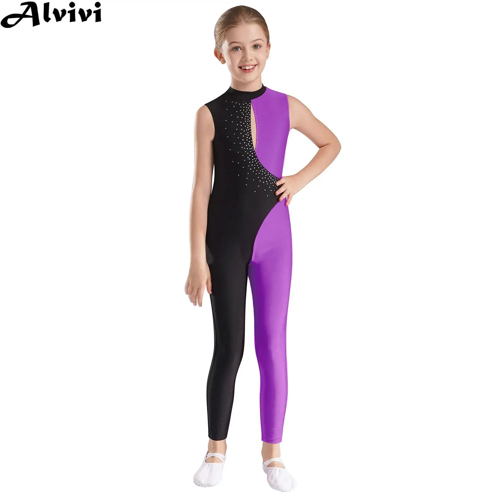 

Teen Girls Sleeveless Rhinestone Dance Bodysuit Ballet Gymnastics Figure Skating Performance Leotard Acrobatics Yoga Jumpsuit