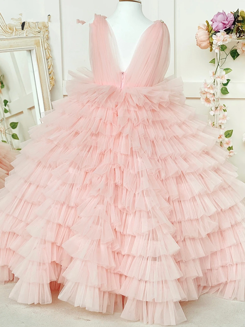 Pink Baby Girl Dress Tulle Puffy Flower Girl Dress Train Child Pricess Dress For Girl Birthday First Communion Gowns