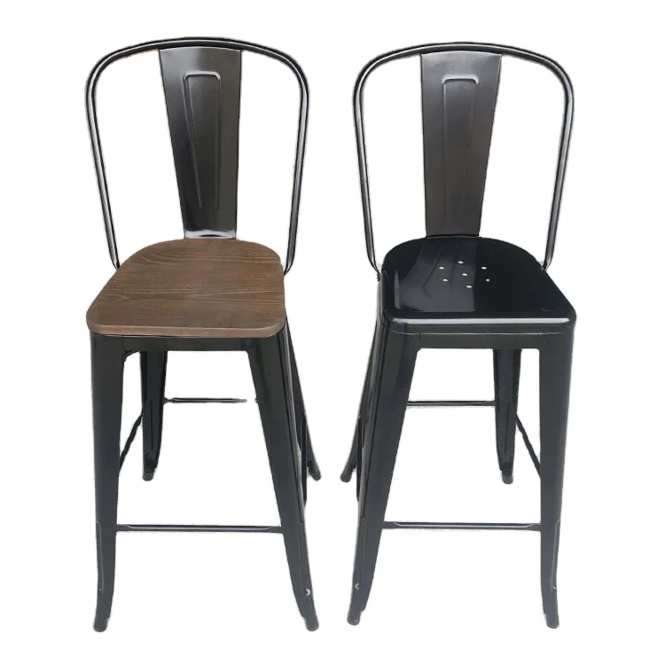 

European Style High Bar Chair Brown Leather Cushion Rustic Metal Frame Restaurant Lounge Decoration Furniture