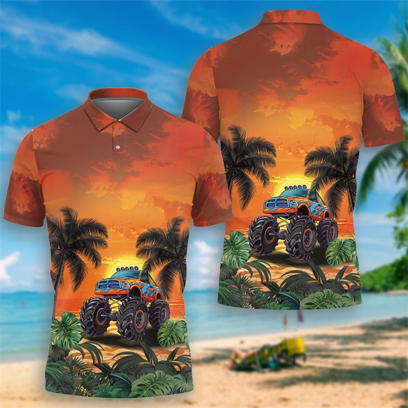 Sunset Vehicles Beach Polo Shirts For Men Clothes Hawaiian Truck Short Sleeve Hippie Bus Tropical POLO Shirt Vacation Car Tops image 4