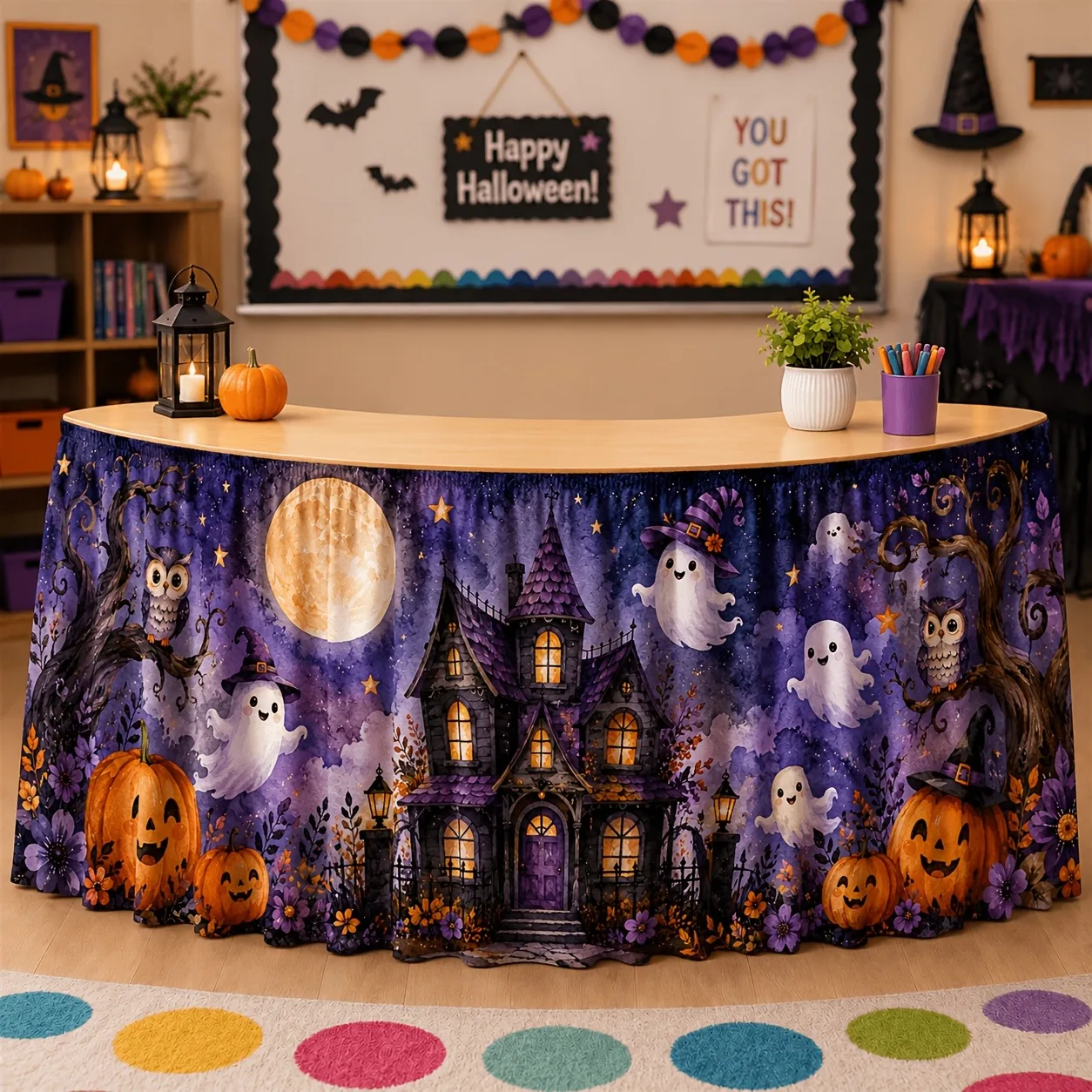 1pc Rectangular Tablecloth Suitable for Halloween Table Decoration Watercolor Purple Haunted House Tablecloth With Ghostszyc