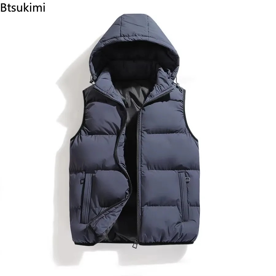 

New 2025 Men's Cotton-padded Vests Autumn Winter Hooded Warm Vest Coats Fashion Casual Thickened Solid Thermal Waistcoat for Men