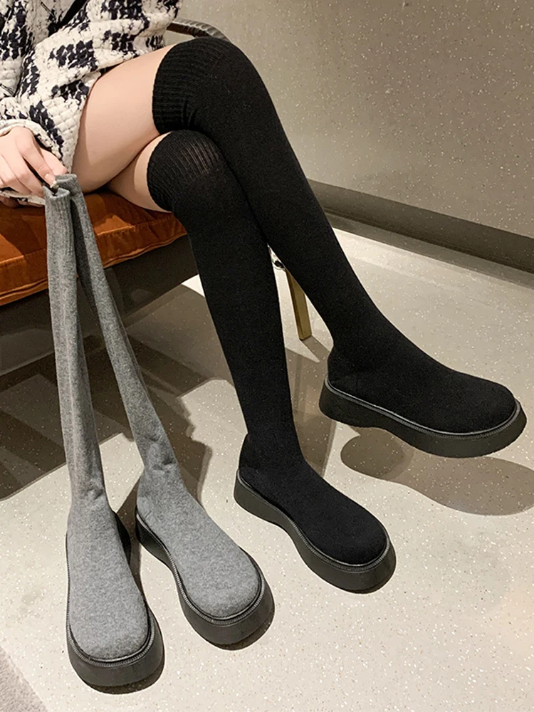 

Ay Вязаные ботинки с высокой трубкой, женские эластичные сапоги выше колена в Корейском стиле, с круглым носком, на среднем каблуке, водонепроницаемая резиновая платформа