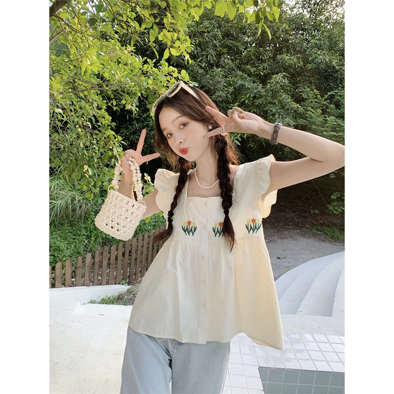 Women Summer Sweet Fashion Embroidered Square Collar Short Sleeve Shirts Women Clothes Casual All-match Appear Thin Trend Tops