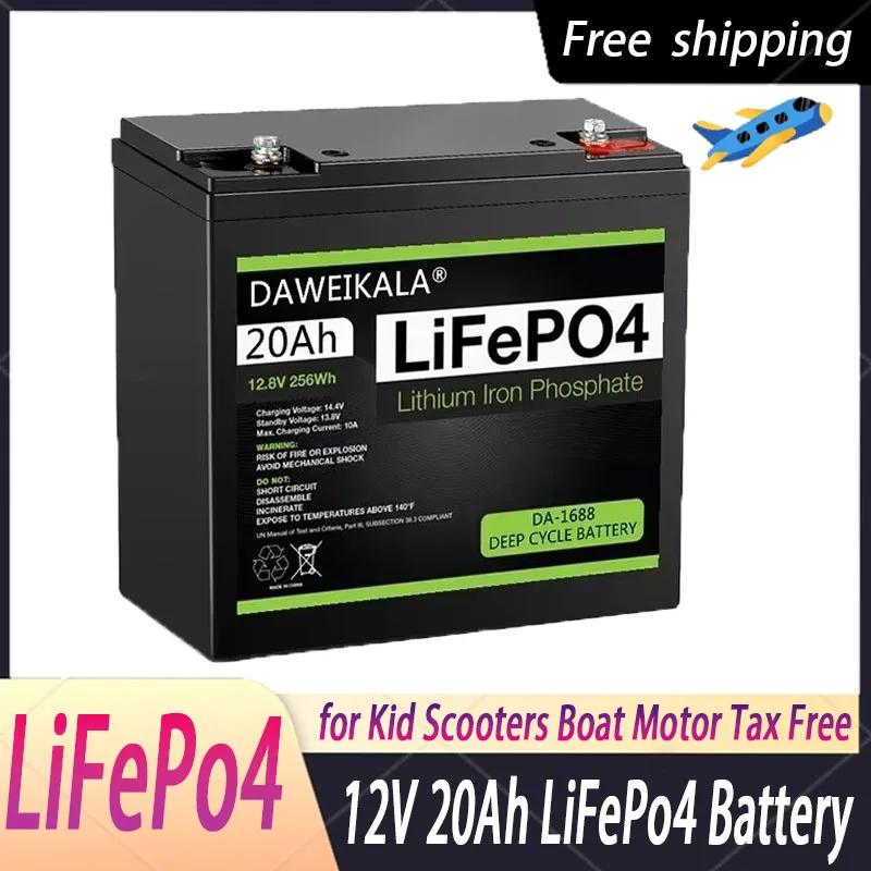 12V Battery 20Ah LiFePo4 Battery Lithium Iron Phosphate 12V LiFePo4 Rechargeable Battery for Kid Scooters Boat Motor Tax Free