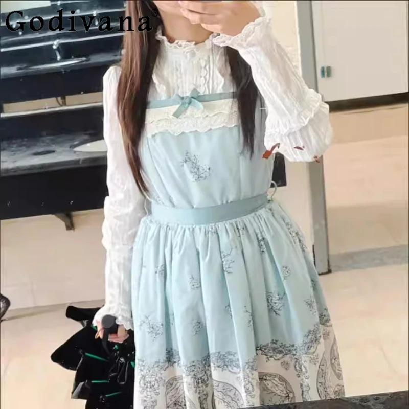 

Autumn Winter Versatile Daily Stand Collar Lolita Bottoming Shirt Sweet Girl Fashion Age-reducing Lace-up Long Sleeve Shirts
