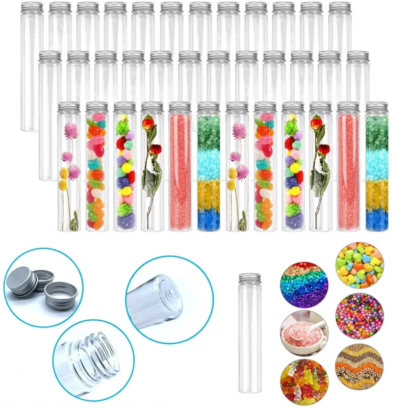 Botellas de tubo de ensayo transparentes de plástico, 10 piezas, 50-110ml, con tapas de tornillo de aluminio, para flores secas, dulces, especias, almacenamiento, recuerdos de fiesta, decoración