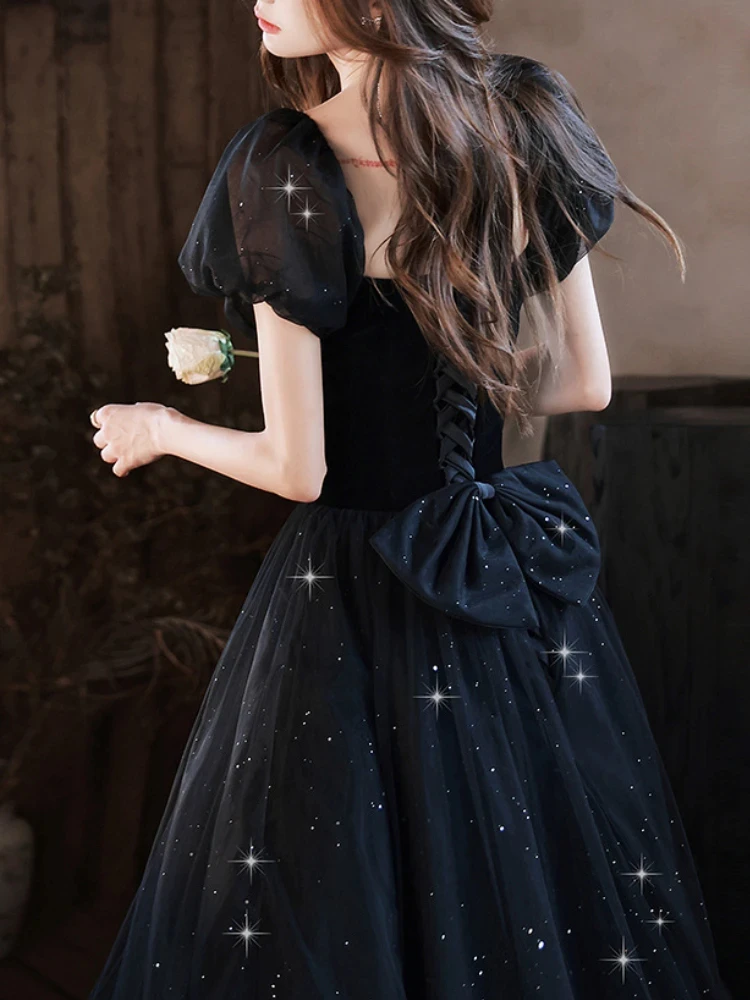 Vestido de noche negro drapeado con cuello cuadrado para mujer, manga abullonada, cuello Barco, cordones cruzados, Vestidos de fiesta escalonados