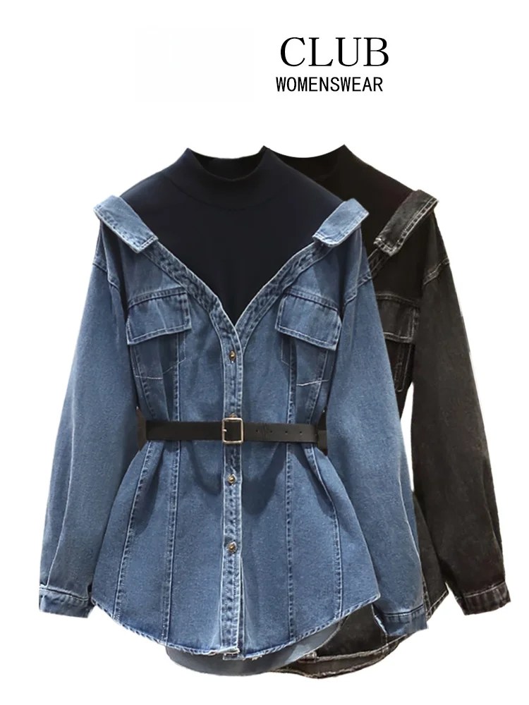 

Faionable для похудения Long Sve Denim irt женский ранний осенний модный топ с застежкой на талии CarA CLUB, наряд больших размеров