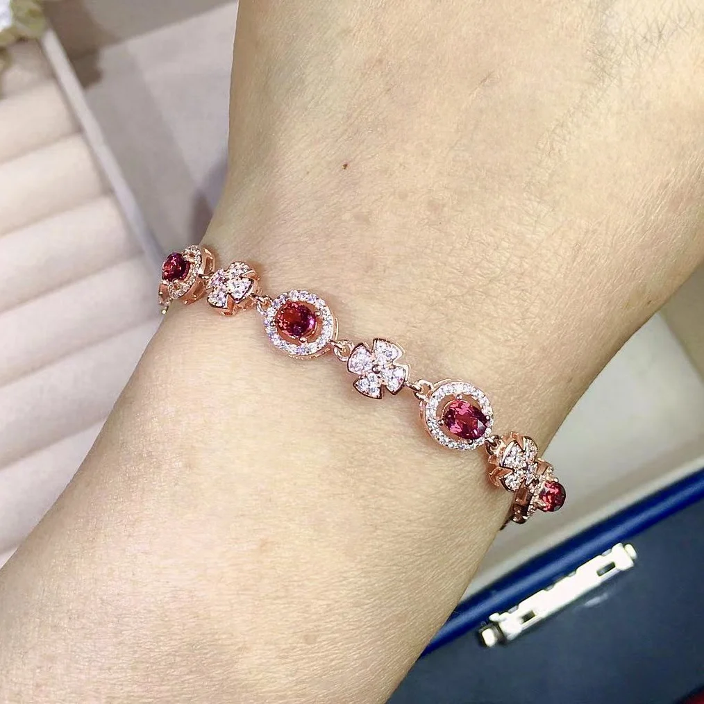 

Total 2.4ct Natural Pyrope Bracelet for Wedding 4mm*5mm VVS Grade Garnet Silver Bracelet with 3 Layer Gold Plating No Fading