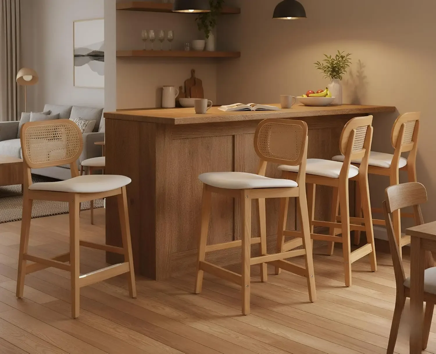 Counter Height Bar Stools Set of 4 Rattan Back Farmhouse Chairs with Wood Legs, White Leather Upholstered