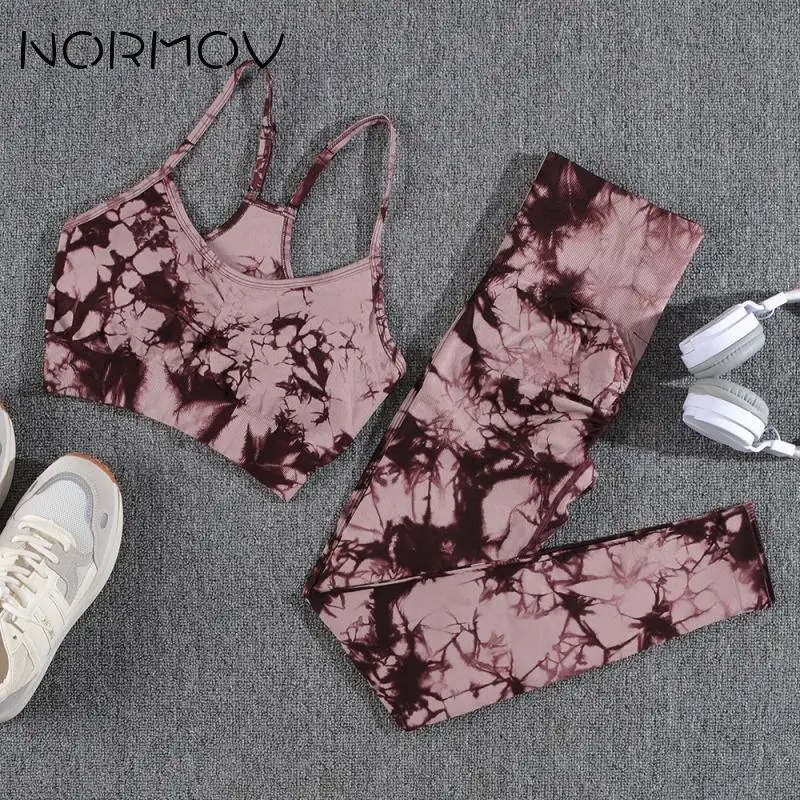 NORMOV 1/2 Piece Yoga Set Tie Dye Gym Set Sport Outfit for Woman High Waist Yoga Pants Women Gym Sets Seamless Outfits Pleated