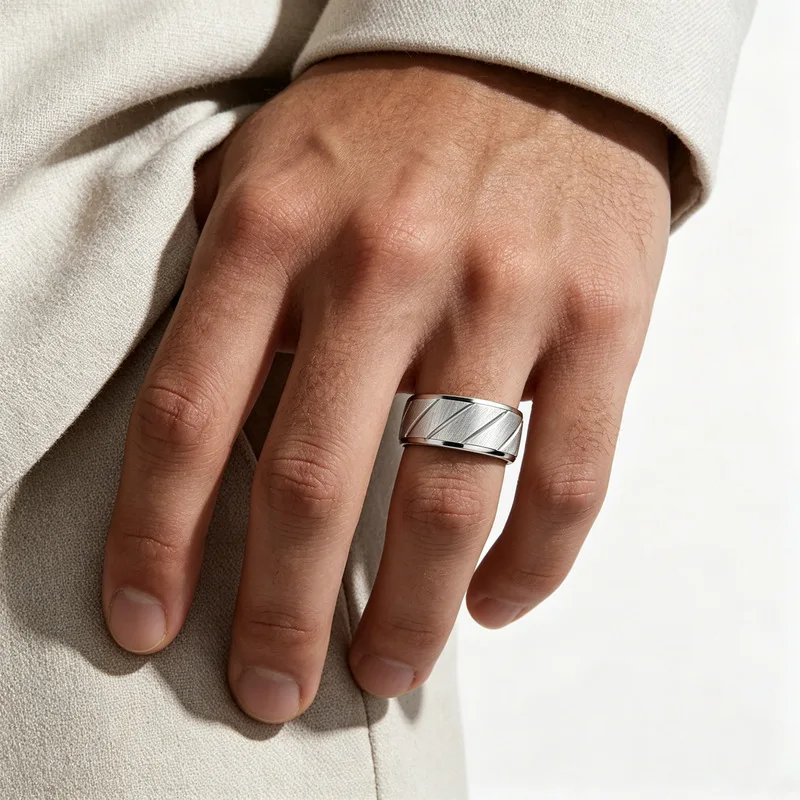 Silver Diagonal Brushed Stainless Steel Men Ring, Smooth Wide Band, Classic Simple Finger Jewelry for Daily Business Wear