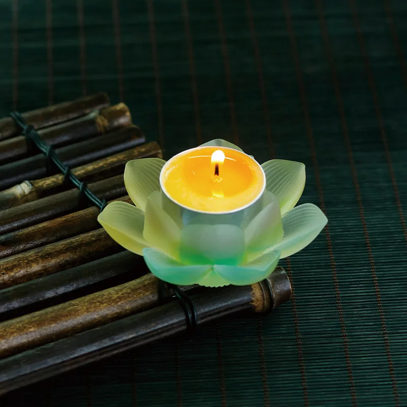 Glass Zen Ornament Buddhist and Fairy Hall, Ten Colors Lotus Decoration, Burnable for 4 Hours, Tallow Lamp with F