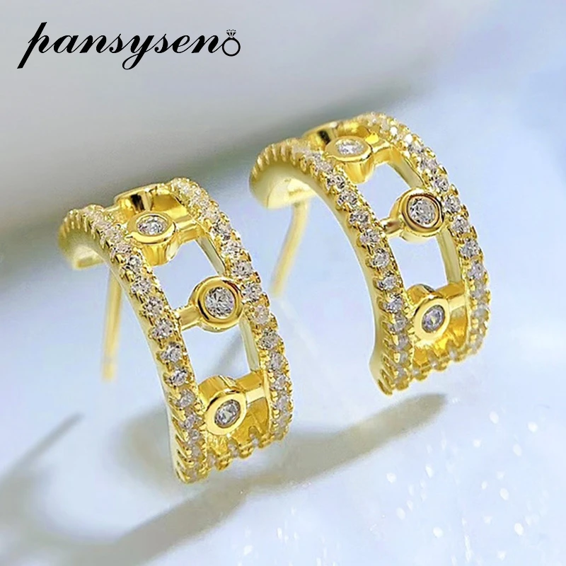 

PANSYSEN 18K Yellow Gold Solid 925 Sterling Silver High Carbon Diamond Hollow Half Circle Ear Stud Earrings Female Fine Jewelry