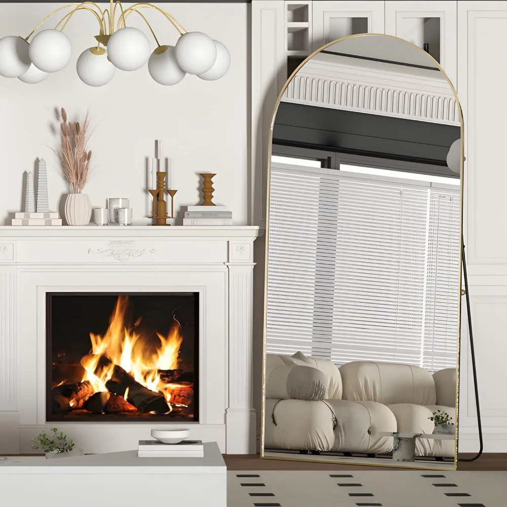 Espelho curvo dourado de comprimento total 193x86 cm, montagem no chão ou na parede, espelho inclinado elegante para beleza e decoração de casa