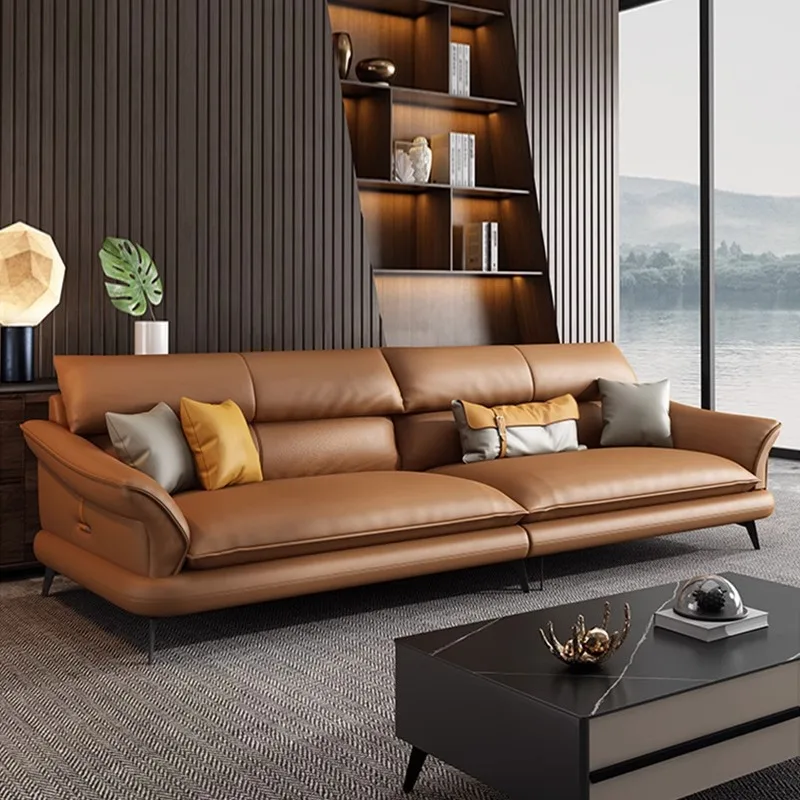 Italian minimalist leather sofa, small apartment, modern light luxury Foshan sofa, living room, Nordic straight sofa new group