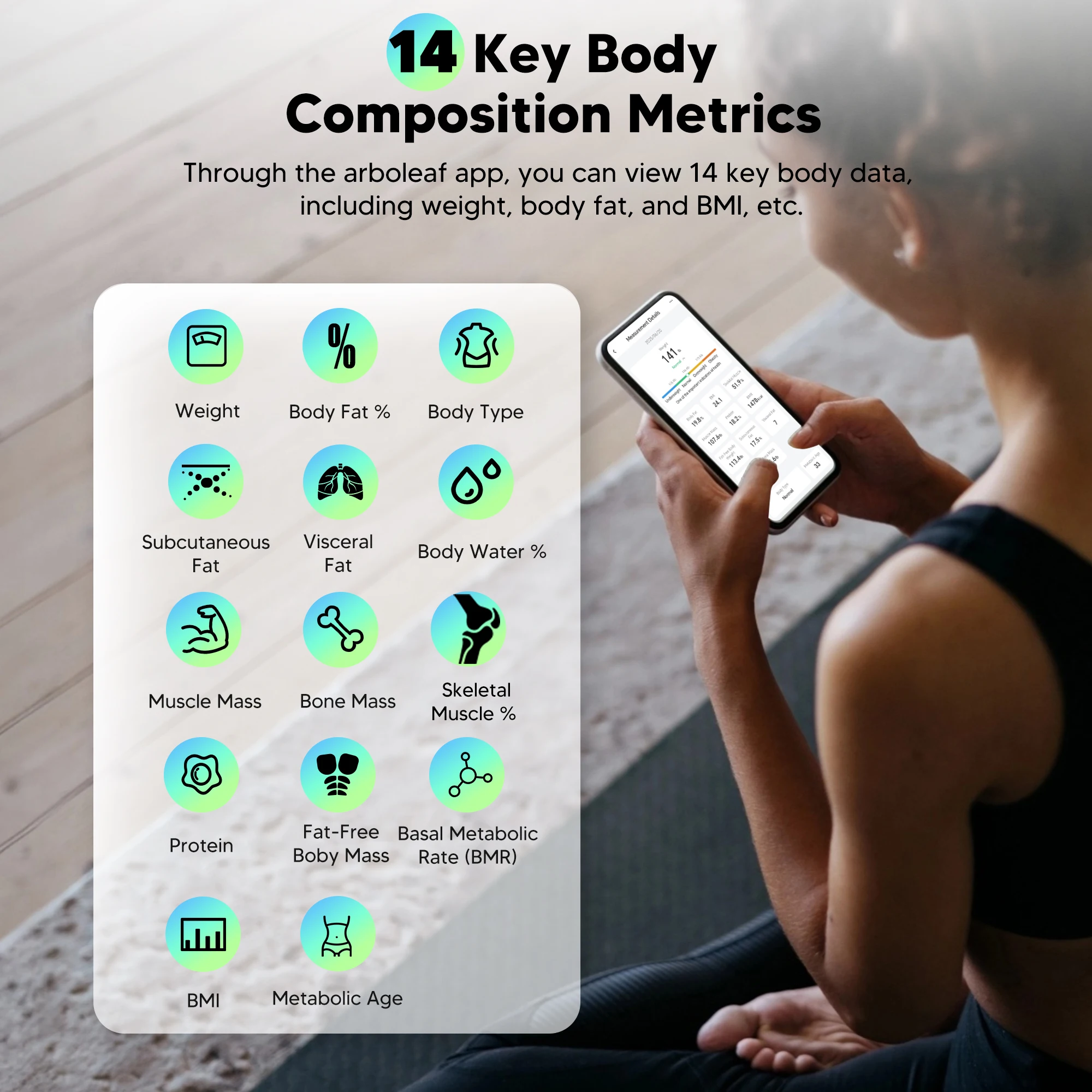 Arboleaf Smart Body Fat Scale Bluetooth Digital Bathroom Scale with 14 Body Composition Metrics, BIA Weight Scale with App, 400lb