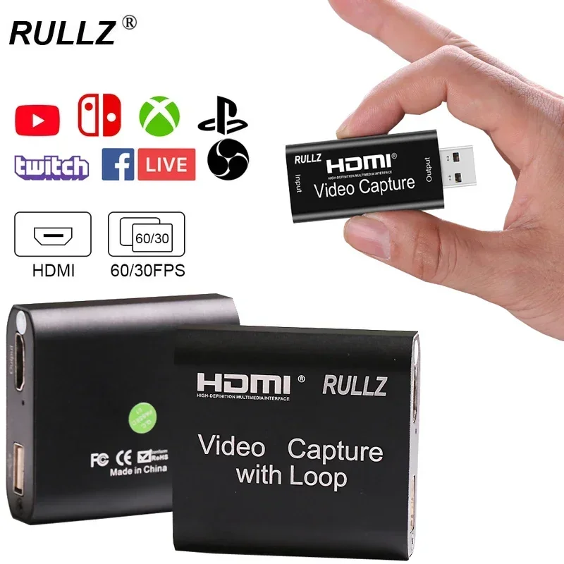 Rullz Loop out Audio Video Capture Card HDMI Recording Box Mic in USB 2.0 3.0 Game Live Streaming for PS5 Switch DVD HD Camera