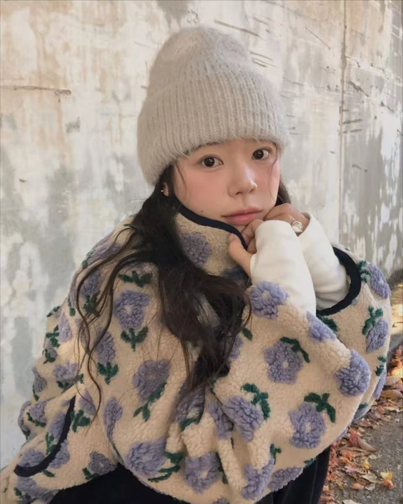 Herbst Winter Koreanische Chic Stil Floral Muster drucken Woolen Jacke frauen Casual Lose Lamm Pelz Koreanischen Stil Warme mantel weibliche