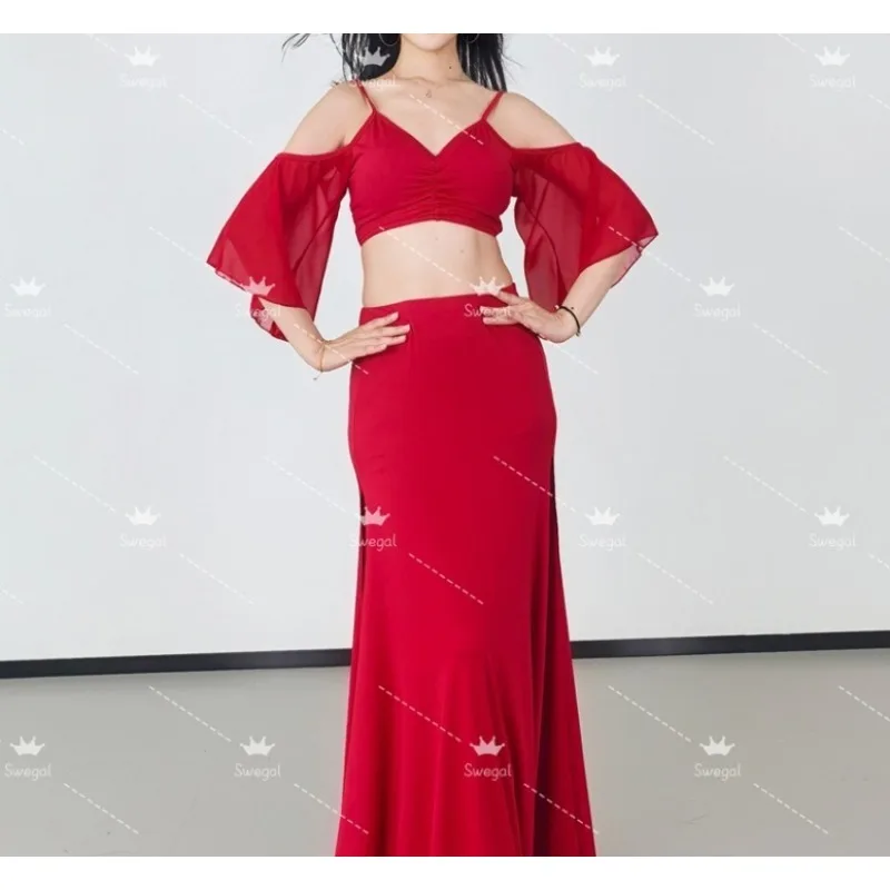 Trajes de dança do ventre sweg personalizados, roupa de prática, vestido de dança oriental, ombro de fora, manga de fada, divisão dupla, saia grande de balanço