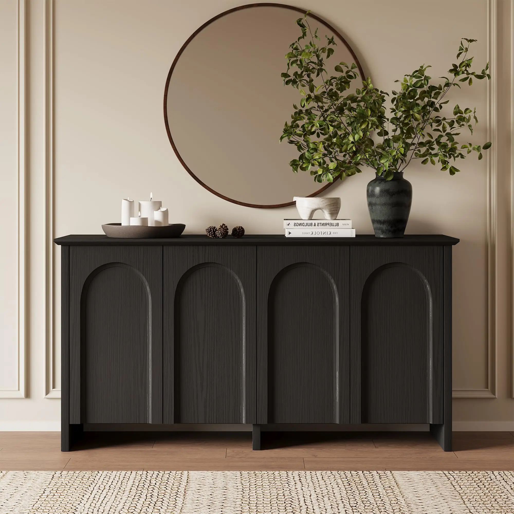 60” W Arched Sideboard Buffet Cabinet with Push-to-Open Doors, Black
