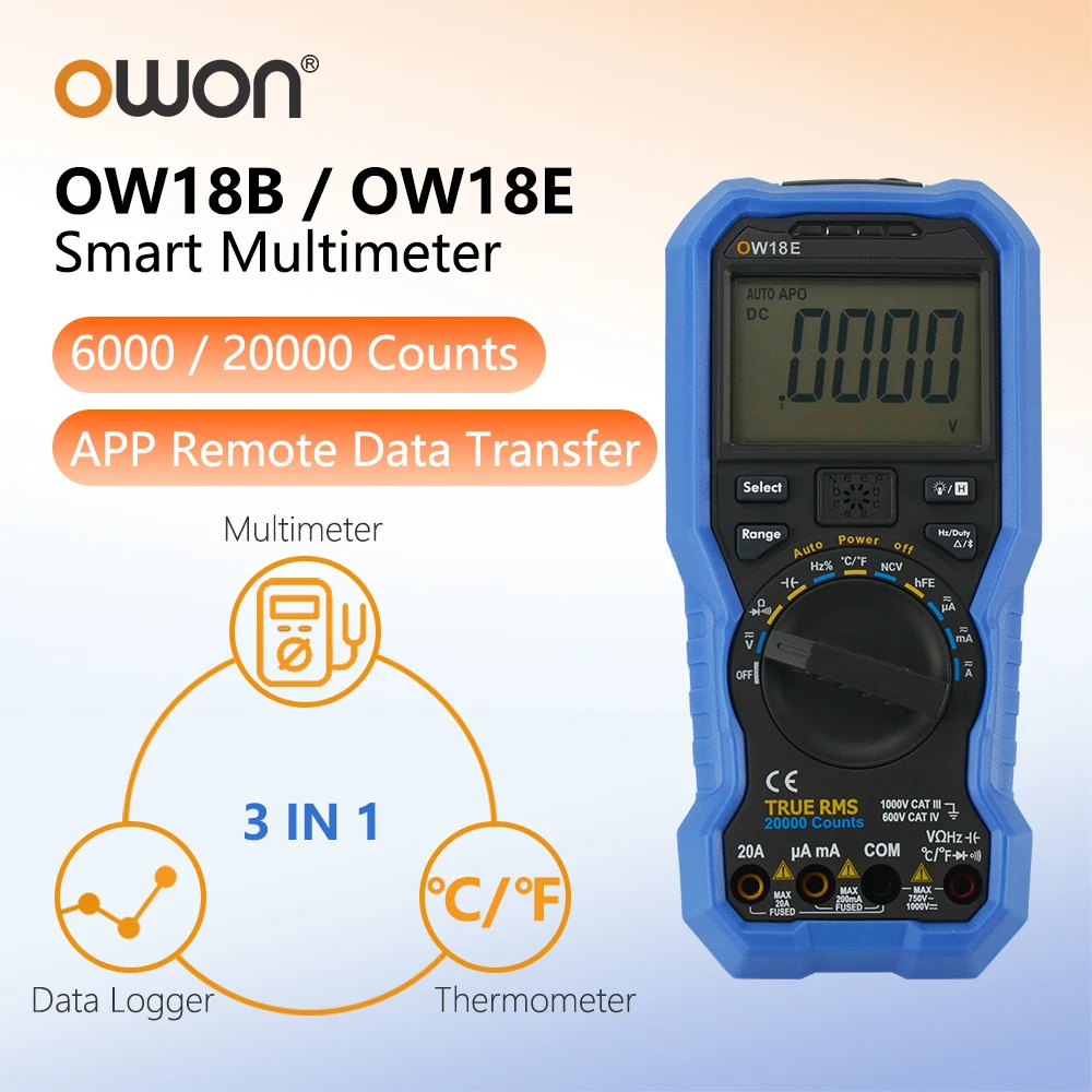 OWON OW18 Series 3 In 1 Multimeter True RMS Measurement Thermometer & Data Logger APP Remote Transfer NCV Non-contact Voltage