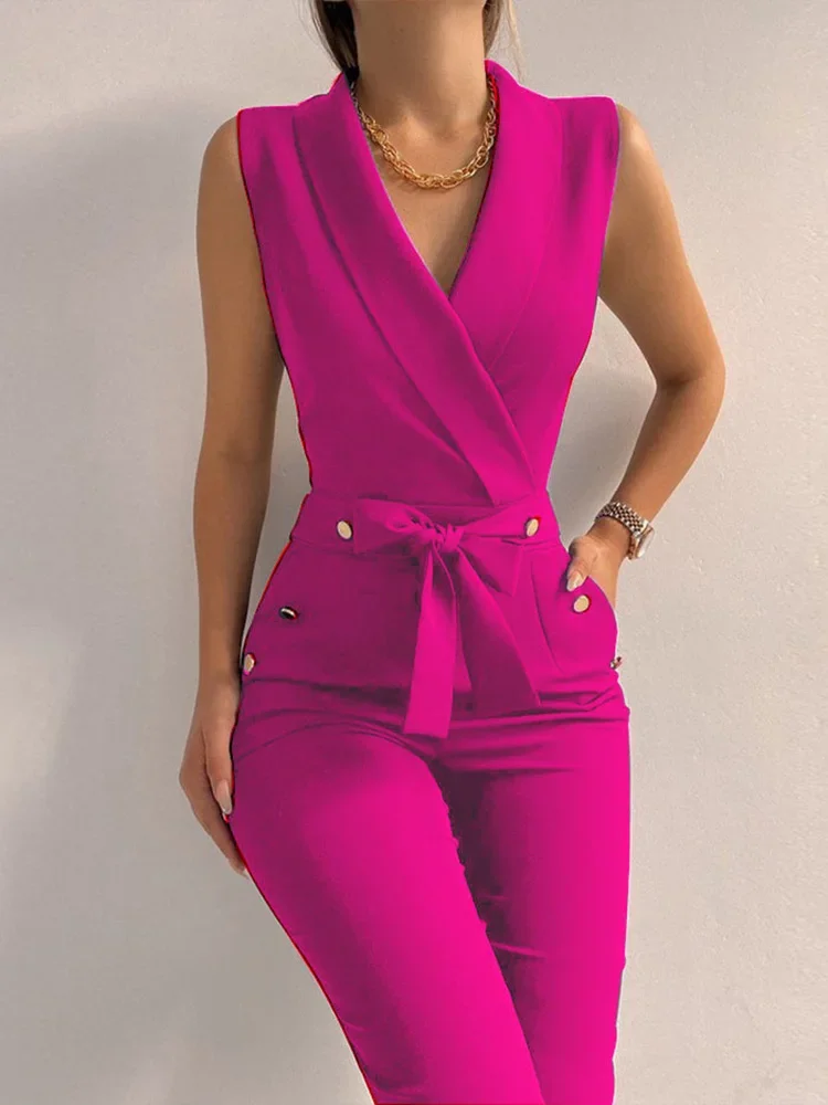 Women Summer Jumpsuit Backless V Neck Solid Zipper Off Shoulder Sleeveless Overalls With Pockets Casual Slim Long Rompers Female