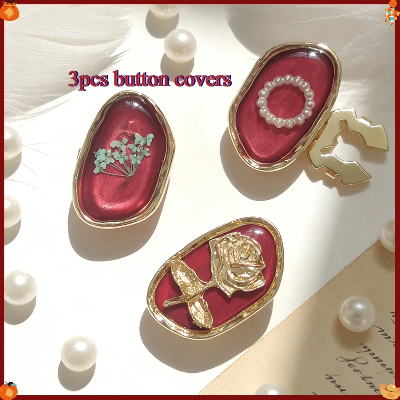 3PCS Fashion High Quality Red Flower Button Covers for DIY Clothing Decorative Button,Alloy Shirt Sleeve Button Decoration