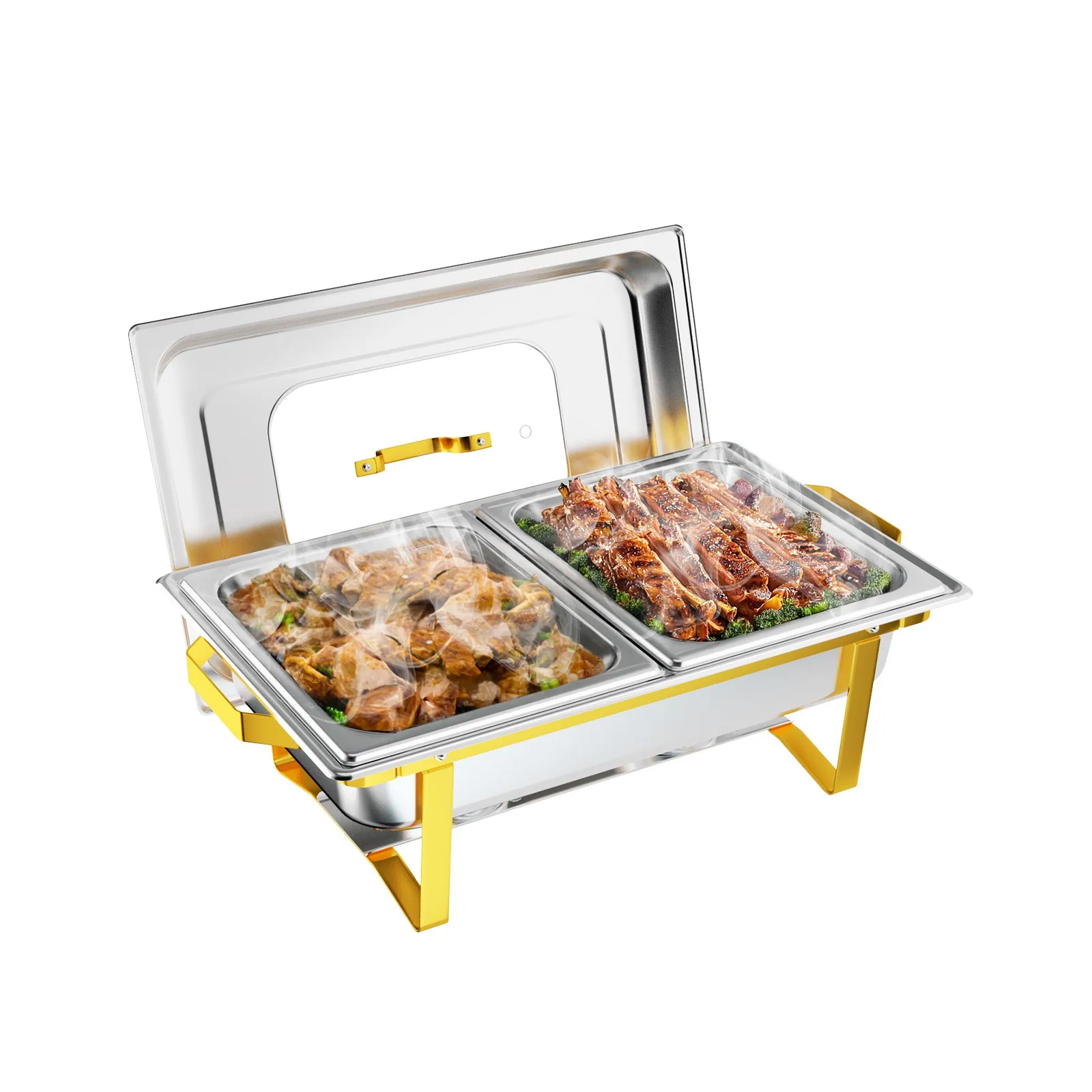 9QT Chafing Dish with Glass Lid & Folding Frame & 2 Compartments for Party Use