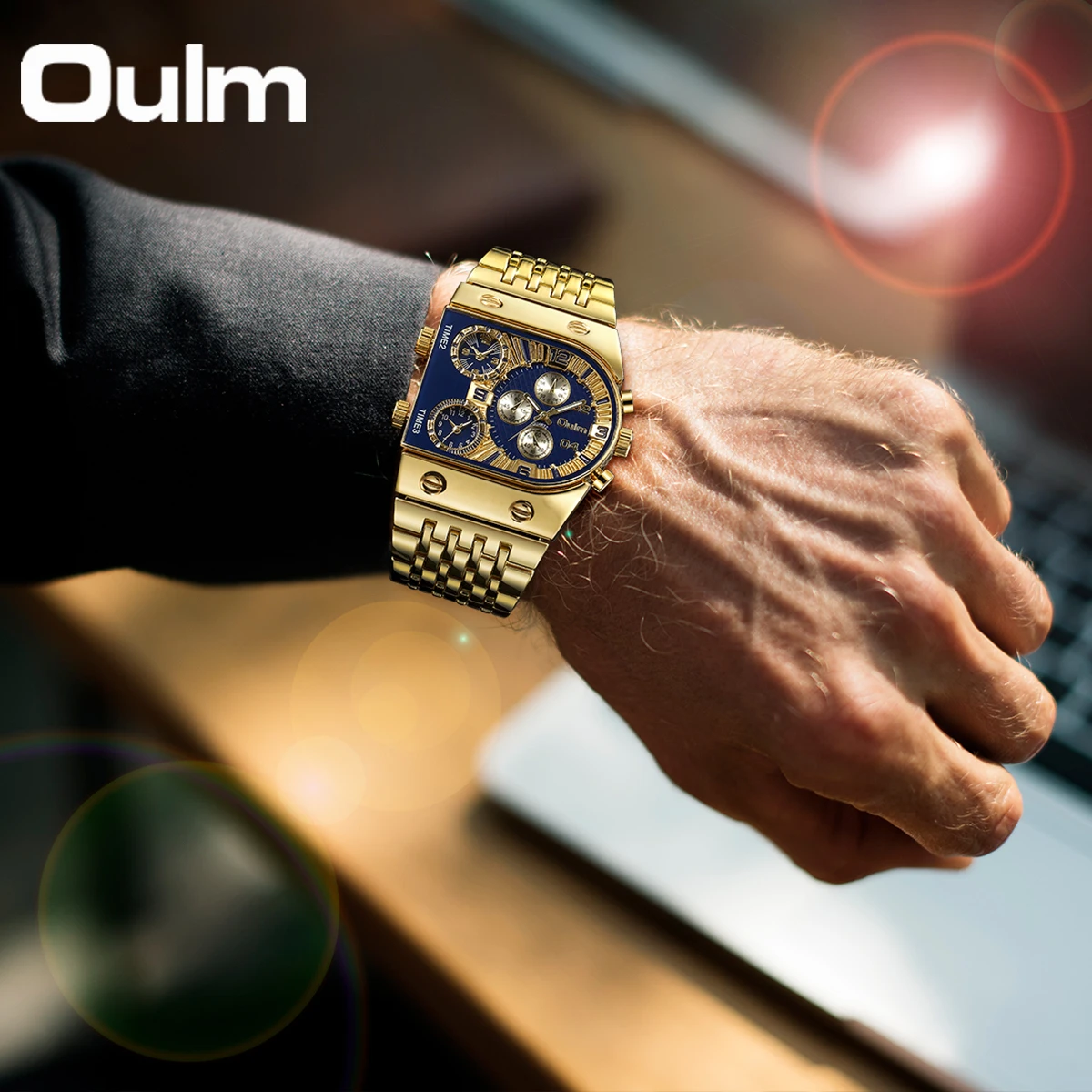 Oulm Unique Men Watch Square Gold Quartz Wrist Watch for Man Sports Multi-Time Zone Military Male Waterproof Relogio Masculino