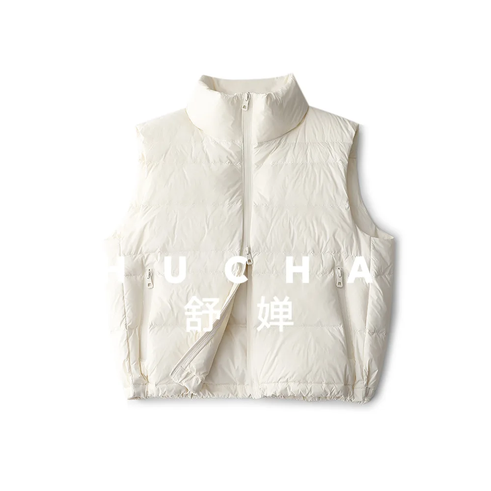 

Light Warm Feather Vest 90 White Duck Down Stand-up Collar Double Zipper Elastic Hem Abrigos Mujer Invierno 2025