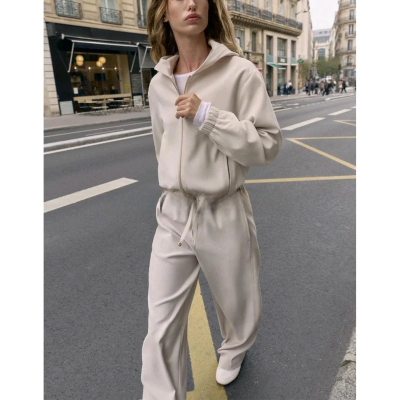 قابل للتعديل الخصر عالية الخصر بنطال ذو قصة أرجل واسعة ومعطف Jaet الطيار طويل Sve مقنعين المرأة Faion مجموعة ملابس الخريف عادية Sle #4