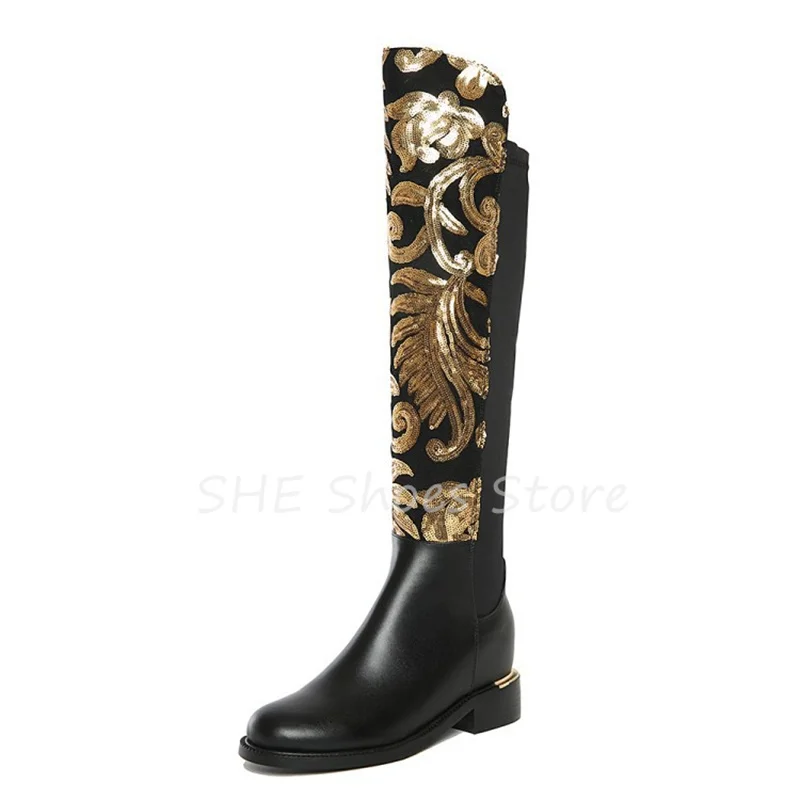 Luxury Design Bling Golden Sequins Women Knee Hight Boots Round Toe Chunky Heel Leather Long Boots Ladies Winter Warm Shoes