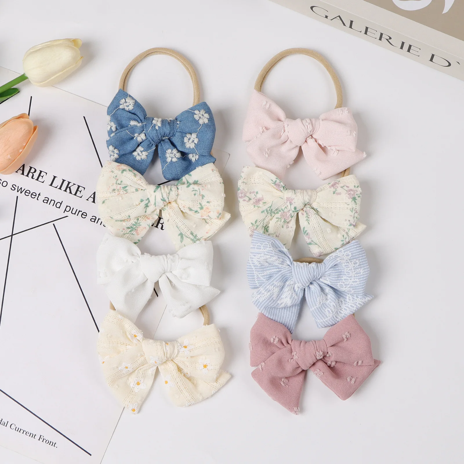 36pc-35\-cotton-embroidery-hair-bow-soft-elastic-nylon-headband-floral-prints-solid-color-hairpin-headwear-for-baby-girls-kids