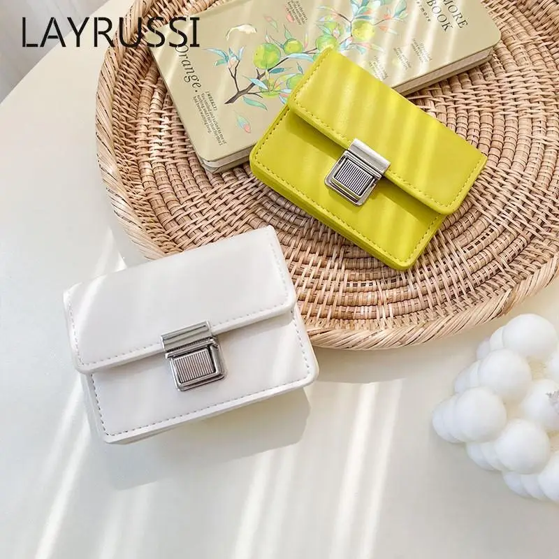 LAYRUSSI Retro Lock PU Leather Coin Purse Short Card Holder Mini Wallet For Women Flip Organ Metal Buckle Money Card Wallet