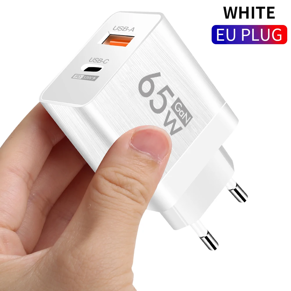 Ładowarka USB GaN 65W Typ C z wtyczką US/EU, szybkie ładowanie do iPhone, Xiaomi, Samsung, Huawei, adapter do telefonu komórkowego z 2 portami szybkiego ładowania. — 2