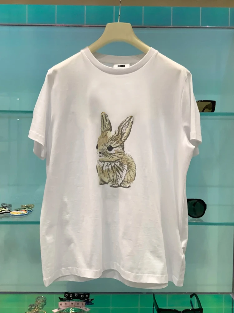 

HEIDD, новинка весенне-летнего сезона, свободная футболка с круглым вырезом и забавным мультяшным принтом кролика, женская повседневная хлопковая футболка с короткими рукавами