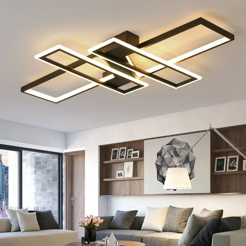 Moderne Led Kroonluchters Verlichtingsarmaturen Met Afstandsbediening Zwart Glans Plafondlamp Voor Woonkamer Slaapkamer Keuken Huis